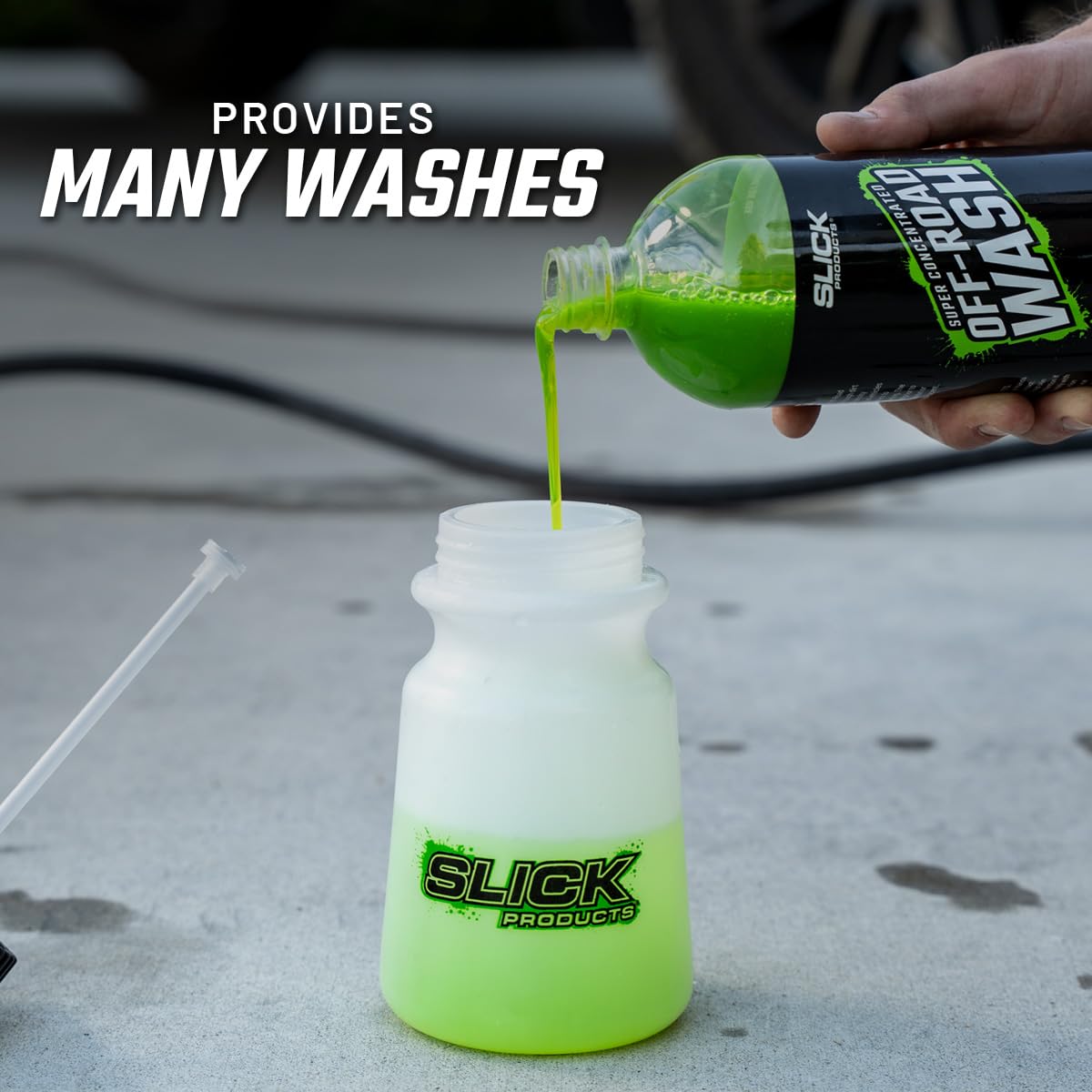 Slick Products bottle held in hand to show half-gallon scale and refill convenience benefit