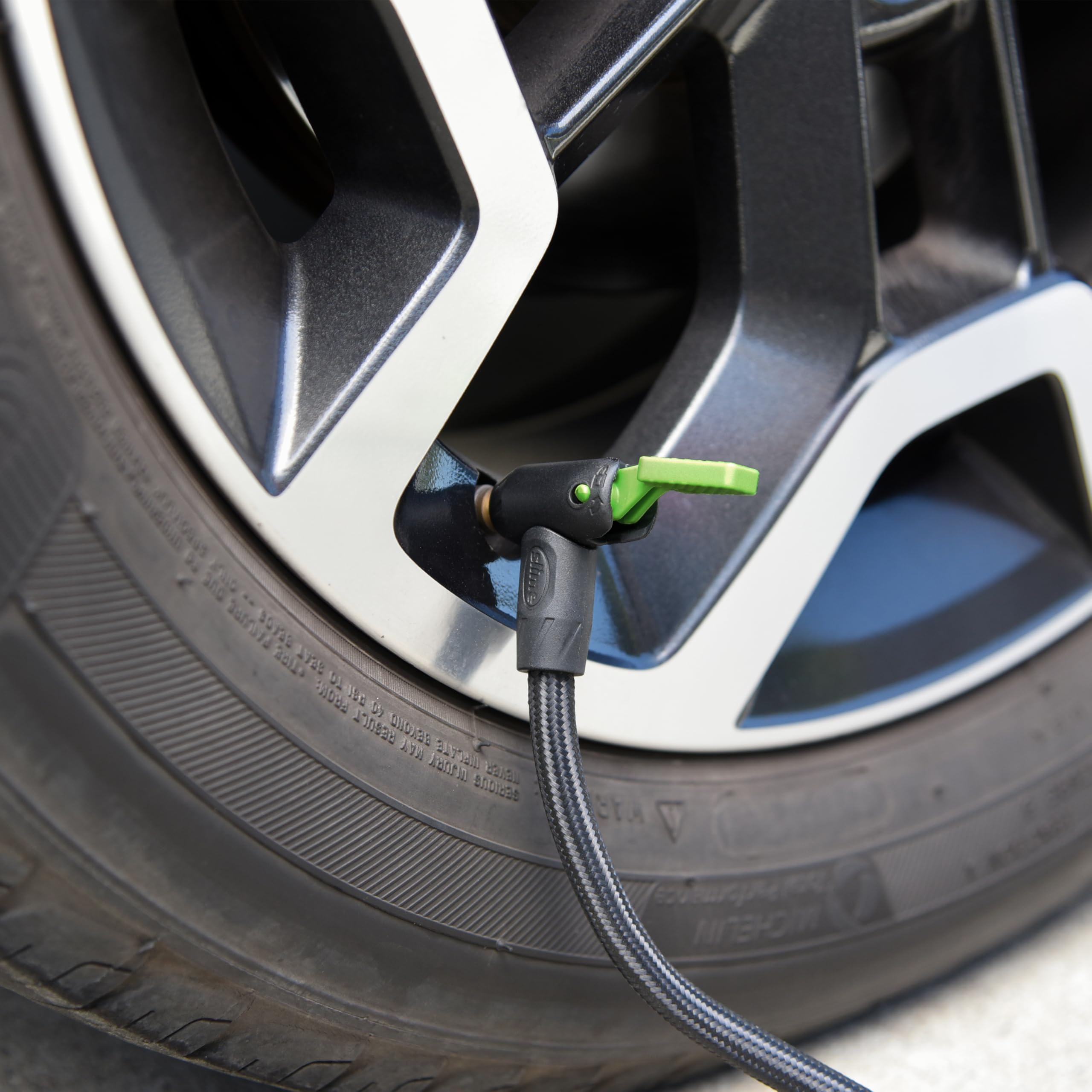 Slime 9.7ft power cord stretched out showing reach from outlet to tire