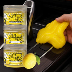 Slime Buddies front packaging showing three lemon-scented jars and benefits