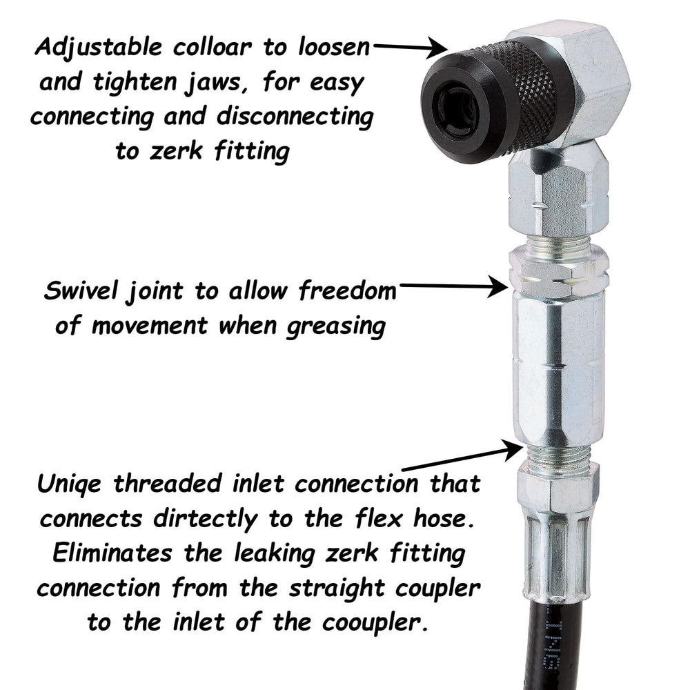 Slippery Pete swivel and threaded inlet showing reduced hose strain benefit