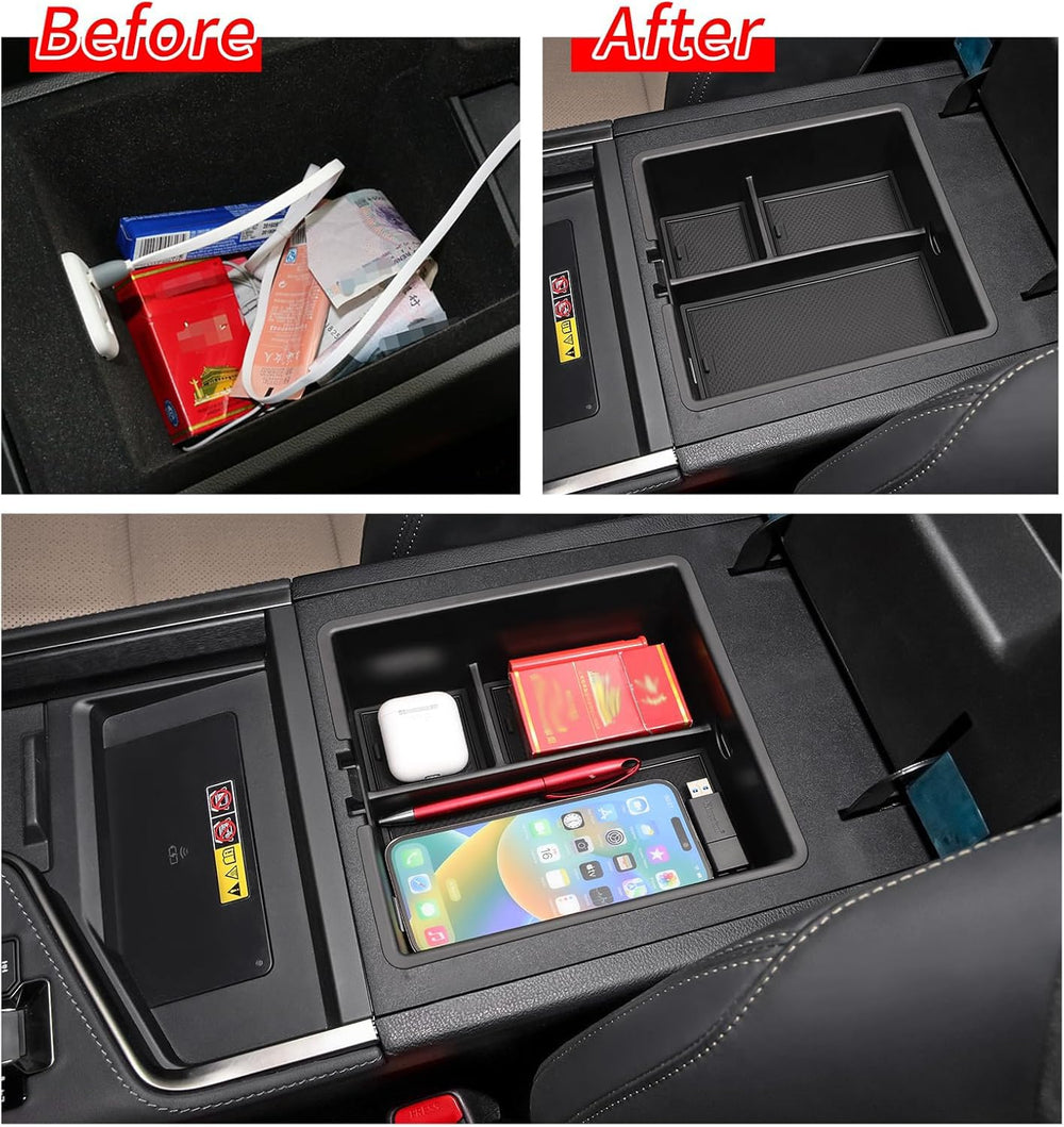 smabee tray installed inside GX550 armrest with lid open for easy reach