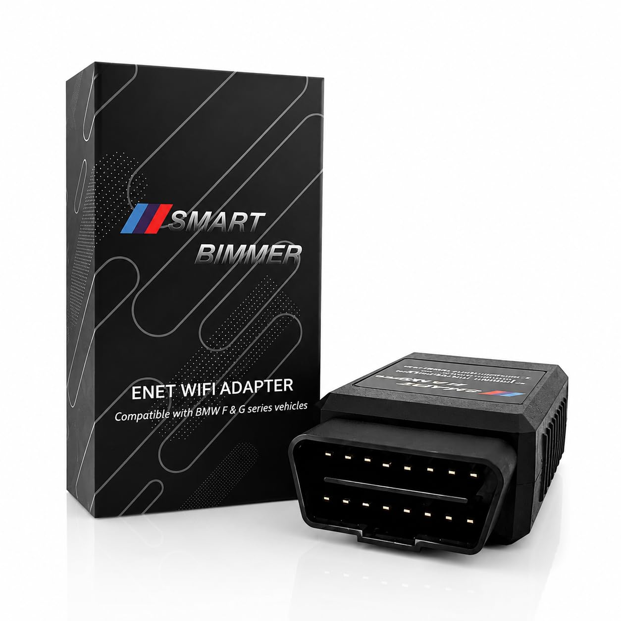 SMART BIMMER ENET adapter front view showing compact diagnostic hardware and robust build
