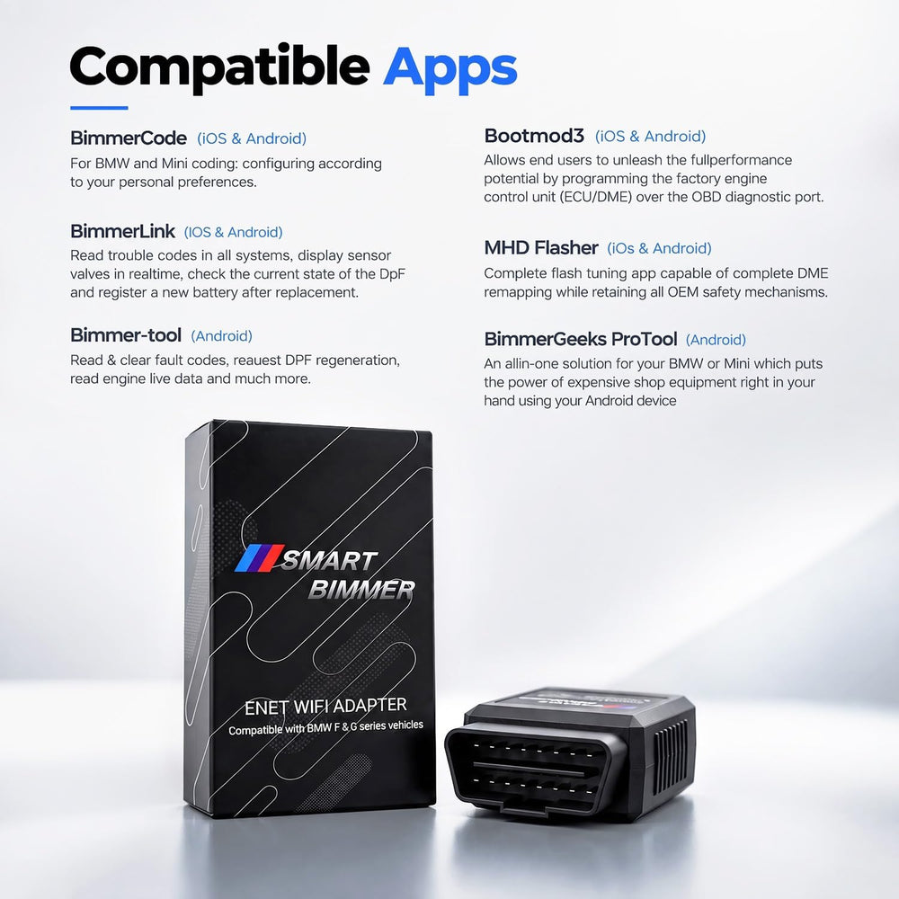 SMART BIMMER adapter WiFi LED indicators lit to show active fast connection status