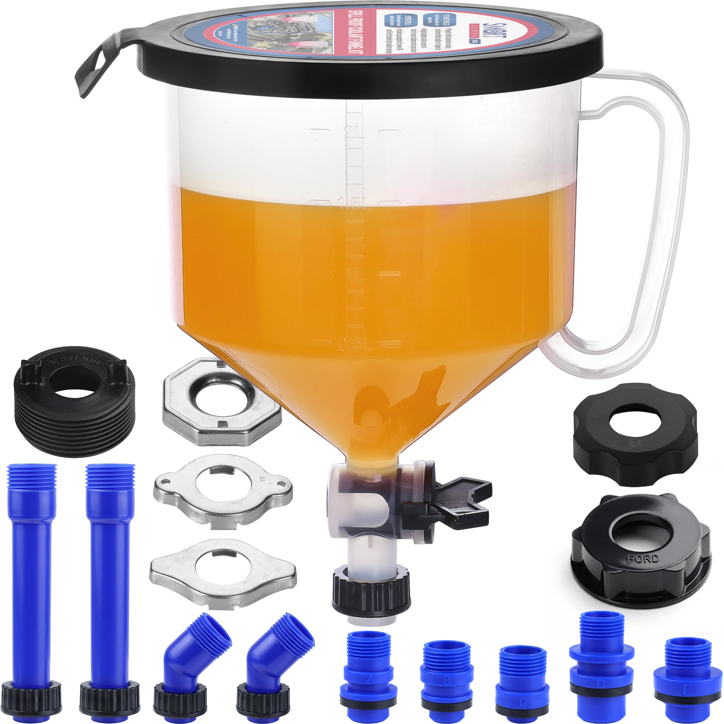 SMART JERRY front view of coolant bleeder funnel showing fitted cap and reservoir benefit: easy refilling