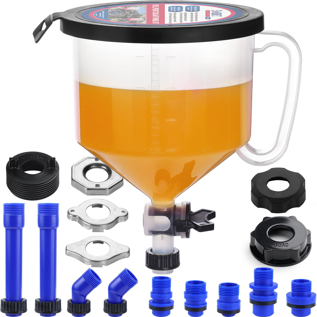 SMART JERRY front view of coolant bleeder funnel showing fitted cap and reservoir benefit: easy refilling