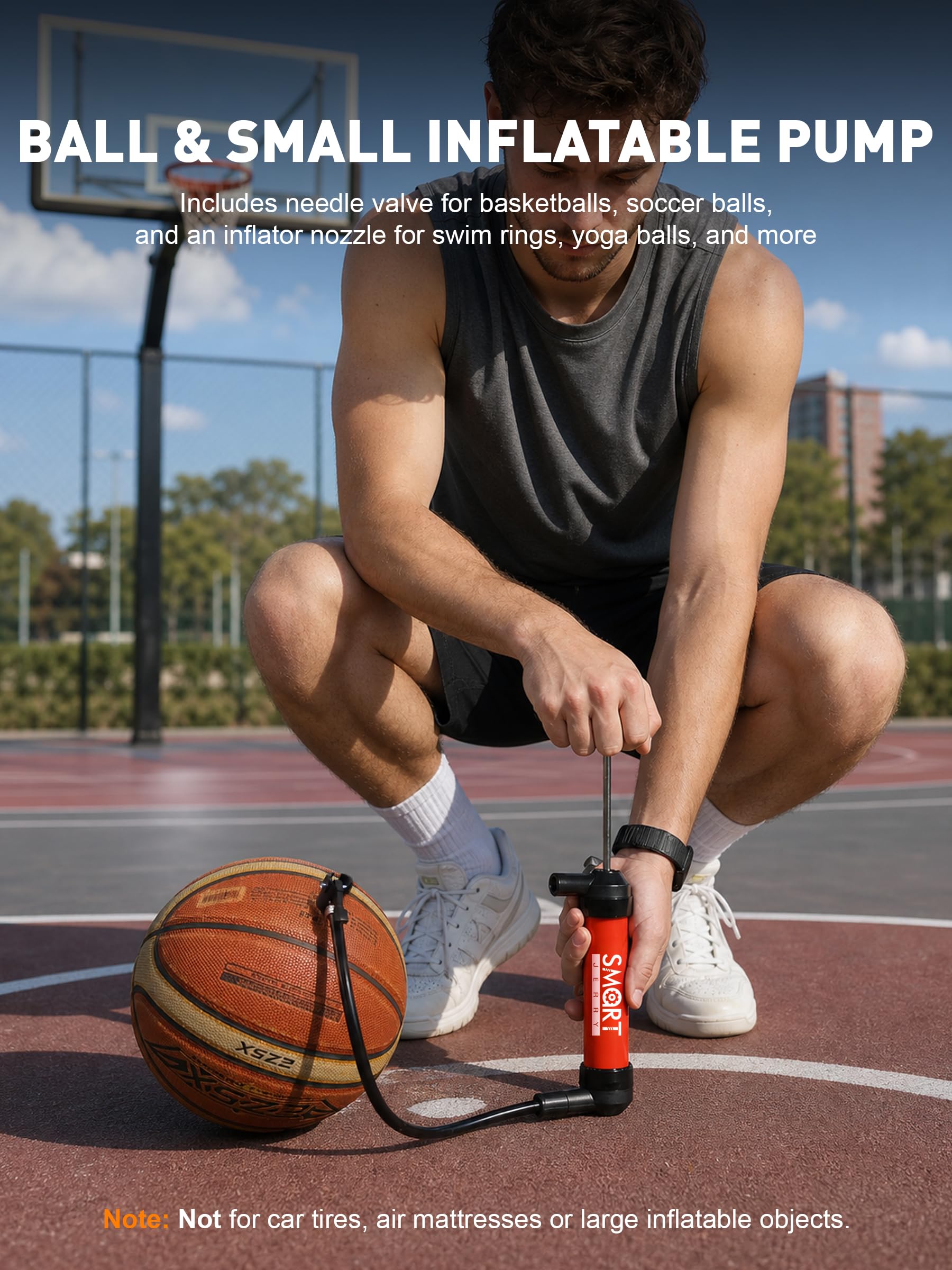 SMART JERRY inflation adapter attached to a sports ball demonstrating dual liquid and air use