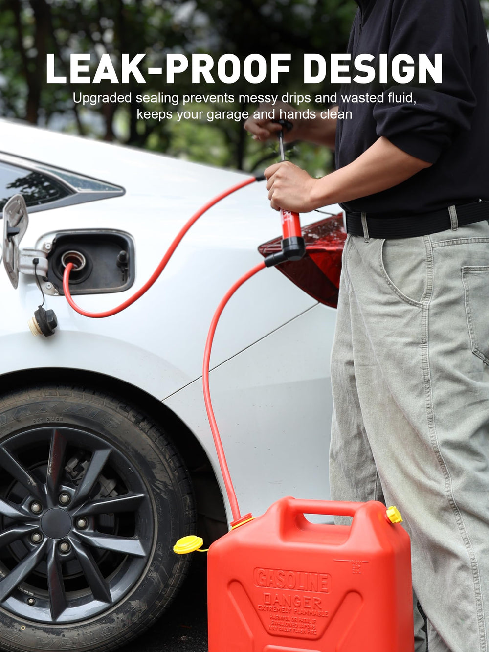 SMART JERRY handheld pump shown next to a hand for scale and easy portability benefit