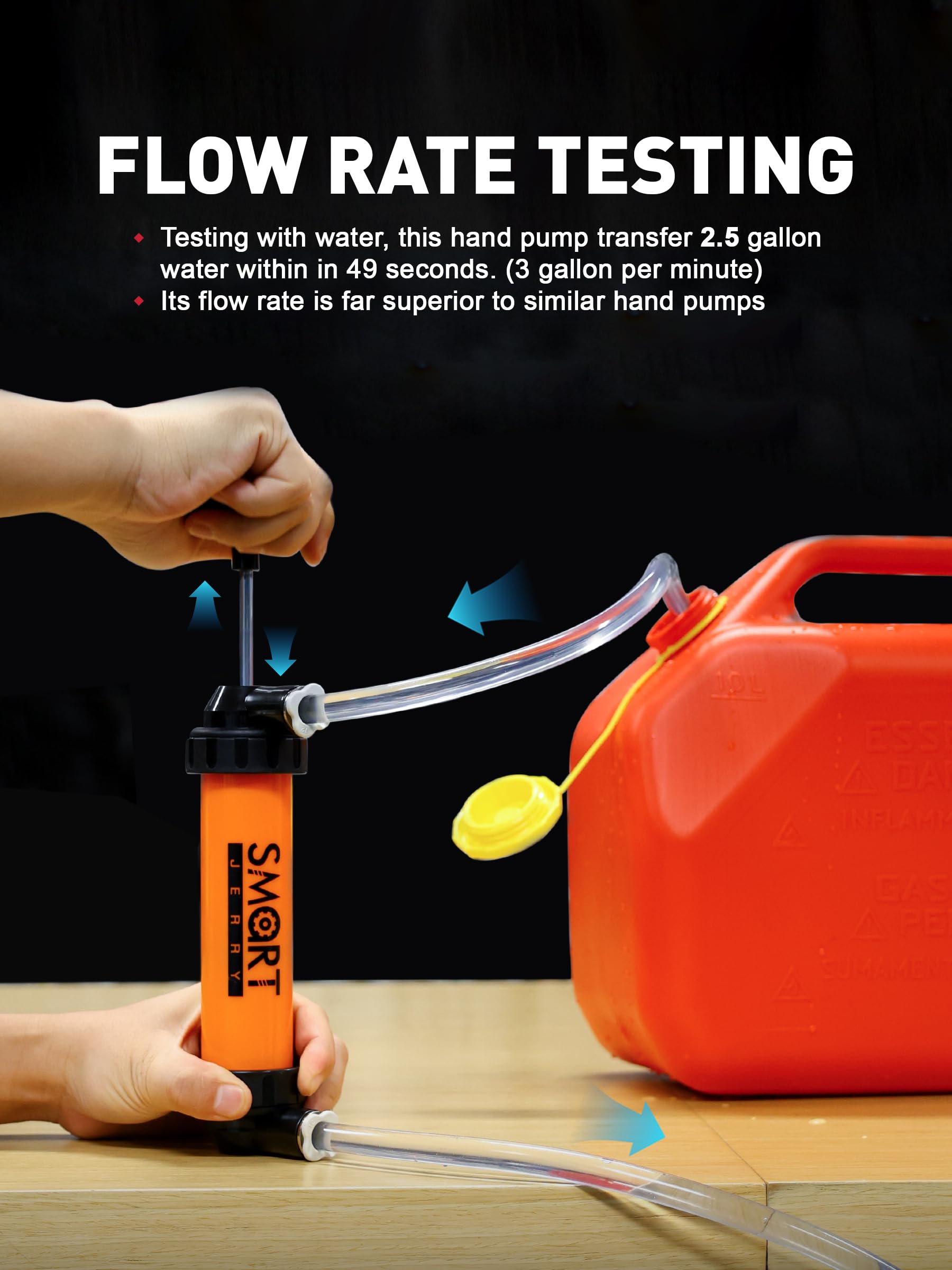 SMART JERRY siphon pump refueling a lawn mower illustrating fast mess-free transfer