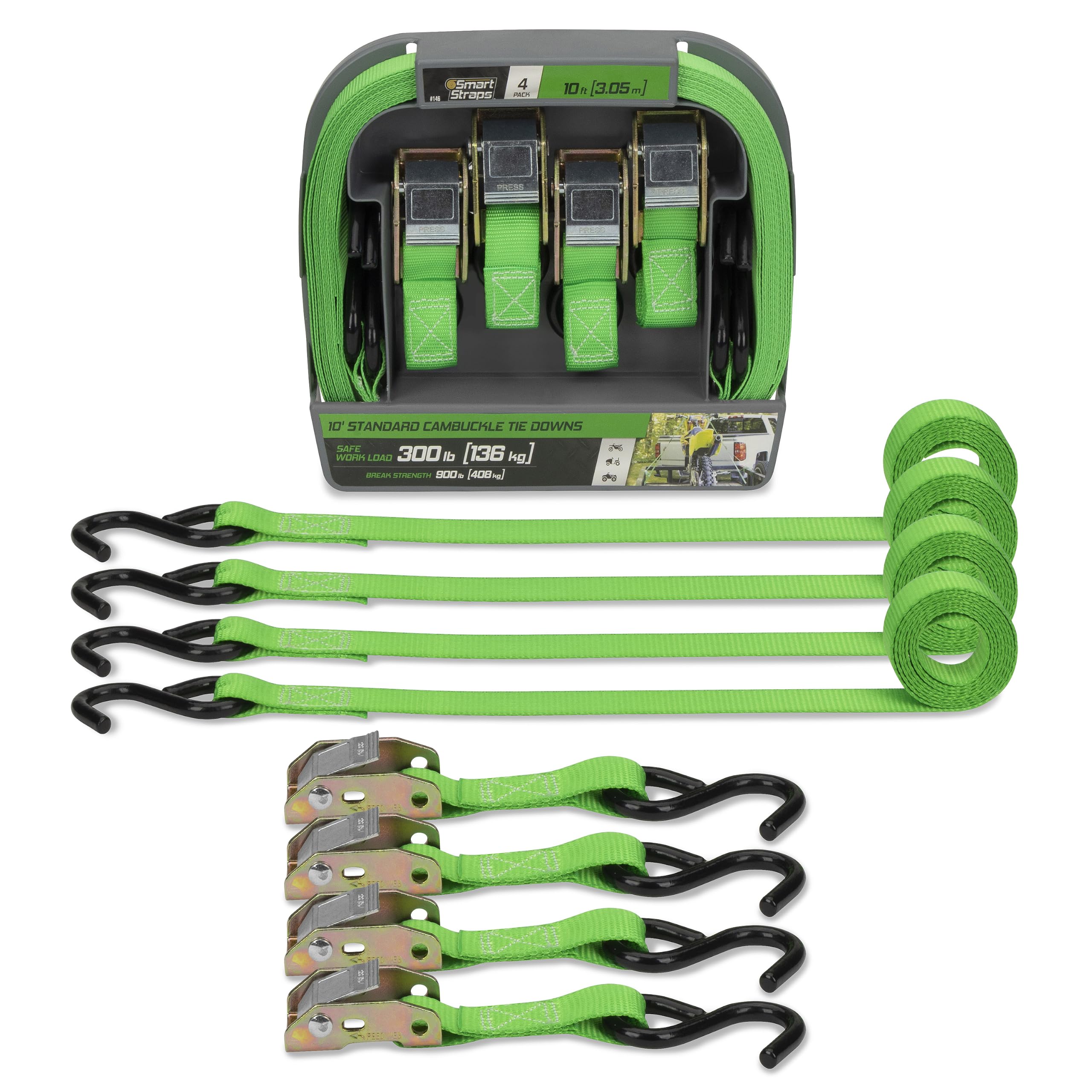 SMARTSTRAPS front packaging showing four 10' cambuckle straps and bright green webbing benefits quick identification