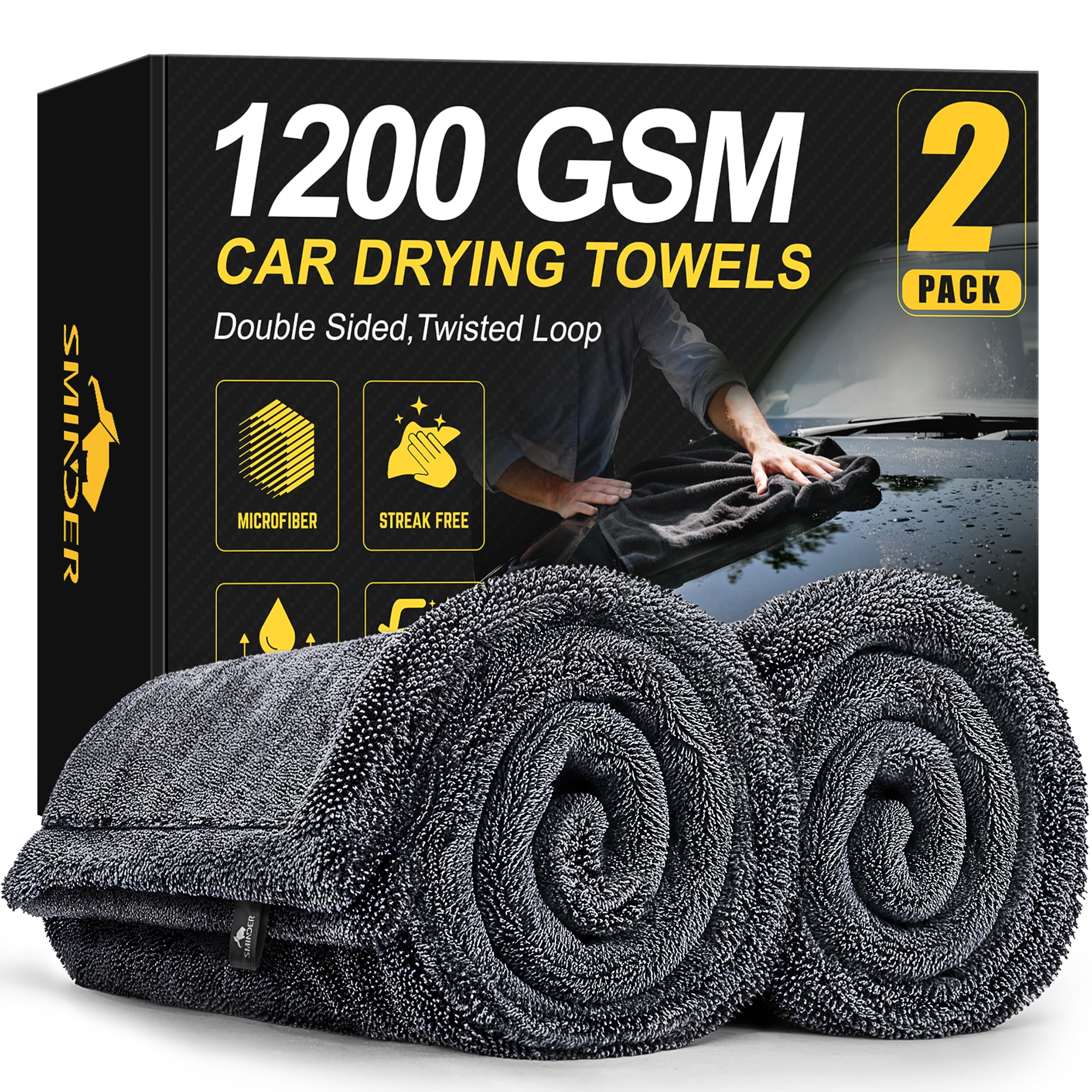 SMINDER two-pack front packaging showing towel size and features for quick selection