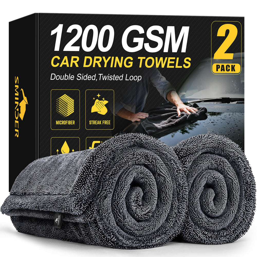 SMINDER two-pack front packaging showing towel size and features for quick selection