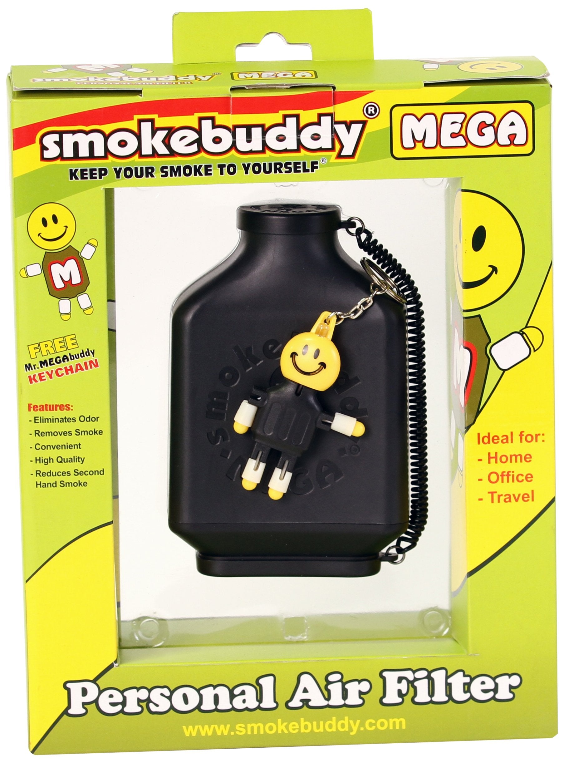 smokebuddy MEGA front view showing black casing and travel cap for discreet smoke filtration