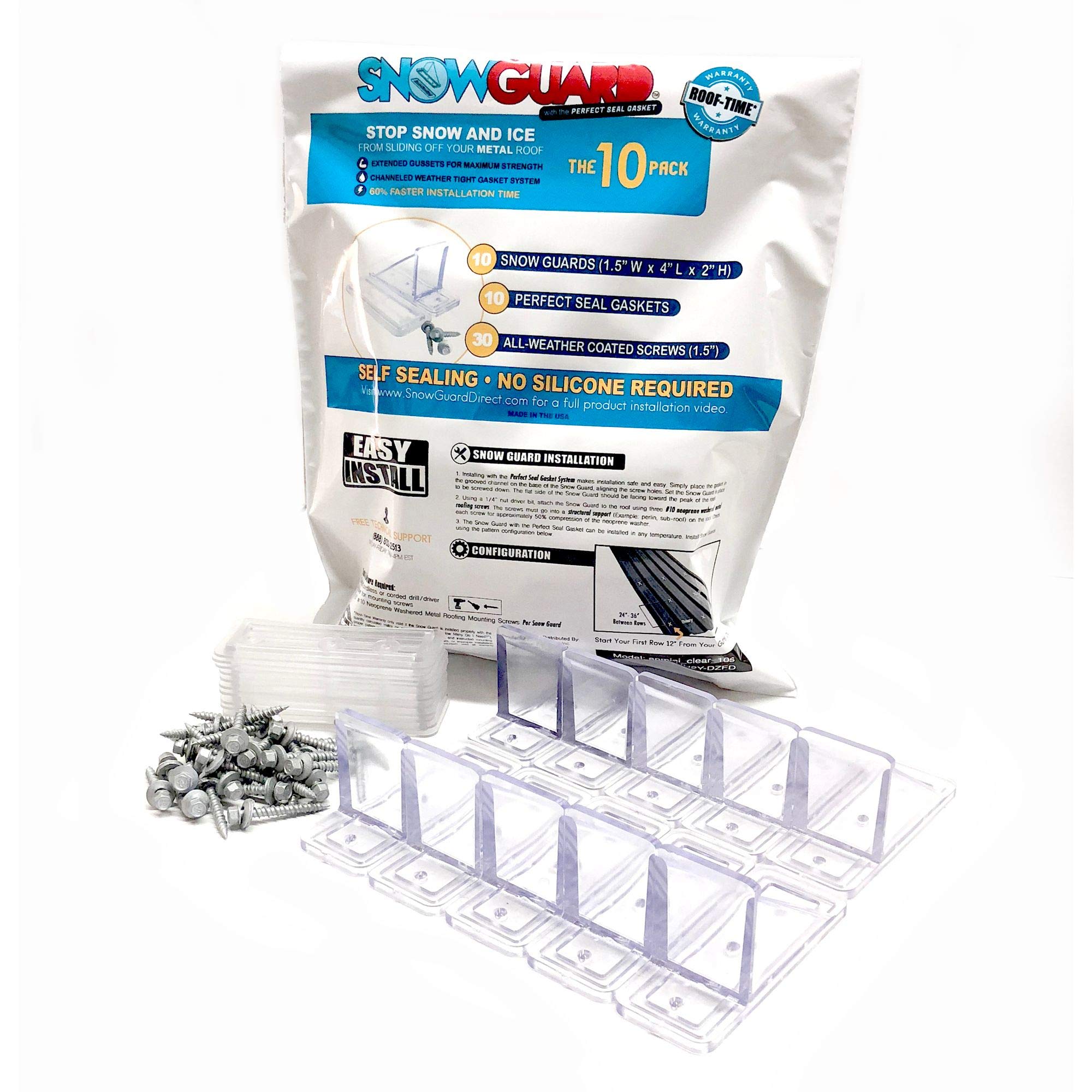 SNOWGUARD front view of 10-pack kit showcasing contents and label, protects gutters
