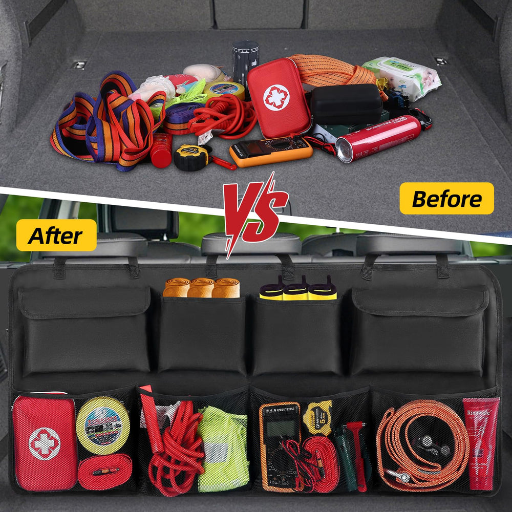 Snuopfy in a family car on a road trip keeping toys and snacks accessible