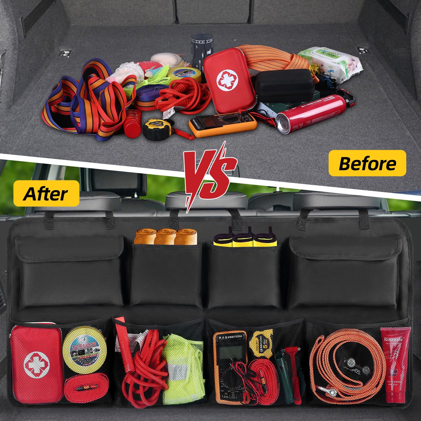 Snuopfy in a family road-trip scene keeping toys and snacks organized