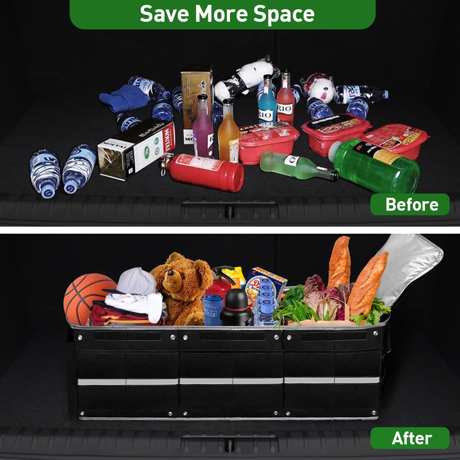 Snuopfy trunk organizer in an SUV trunk showing space-saving convenience