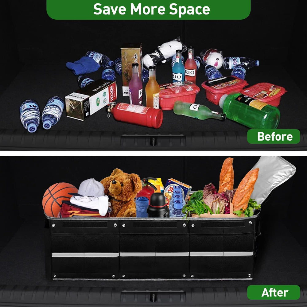 Snuopfy trunk organizer in an SUV trunk showing space-saving convenience