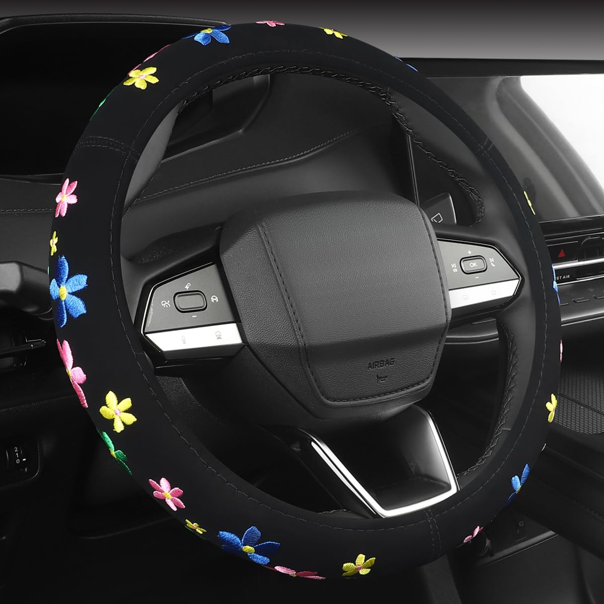 SOBONITO front view of steering wheel cover showing stitched floral design for stylish upgrade