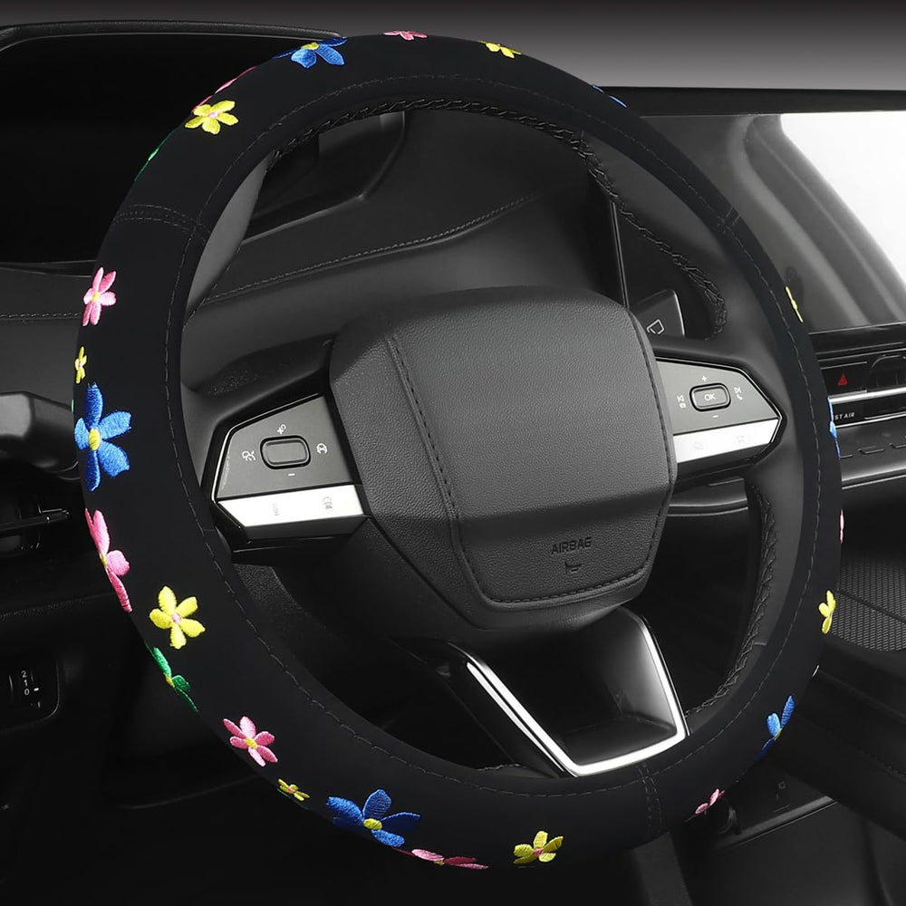 SOBONITO front view of steering wheel cover showing stitched floral design for stylish upgrade