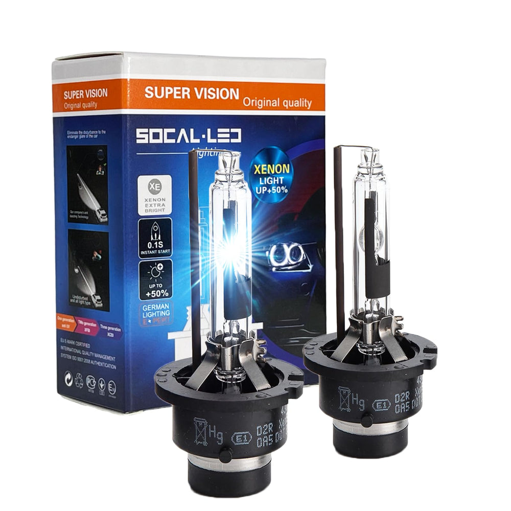 SOCAL-LED LIGHTING product packaging front showing D2R bulbs and brand, clear identification benefit