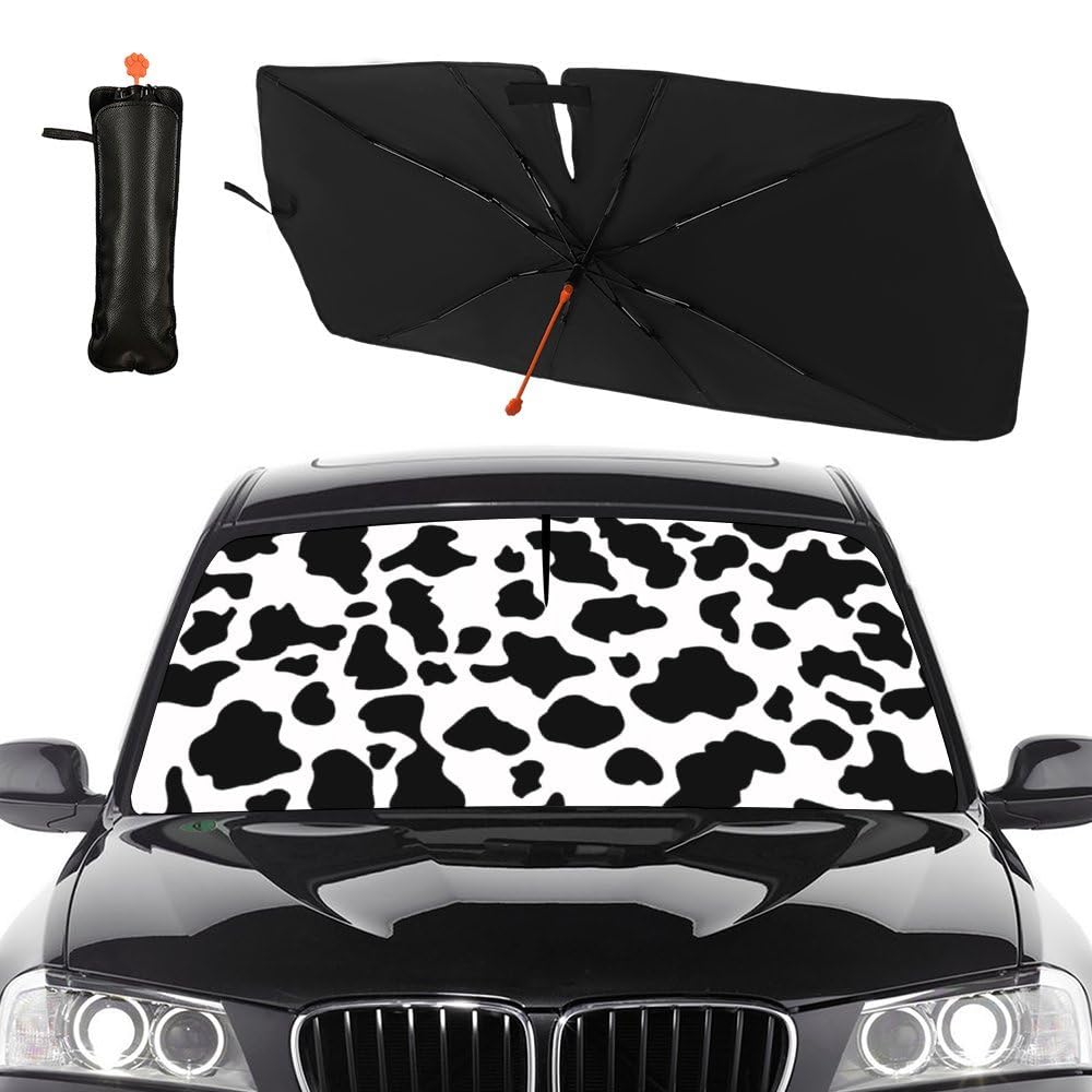 Socira cow print front view blocking windshield sun, keeps interior protected