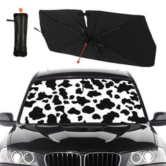 Socira cow print front view blocking windshield sun, keeps interior protected