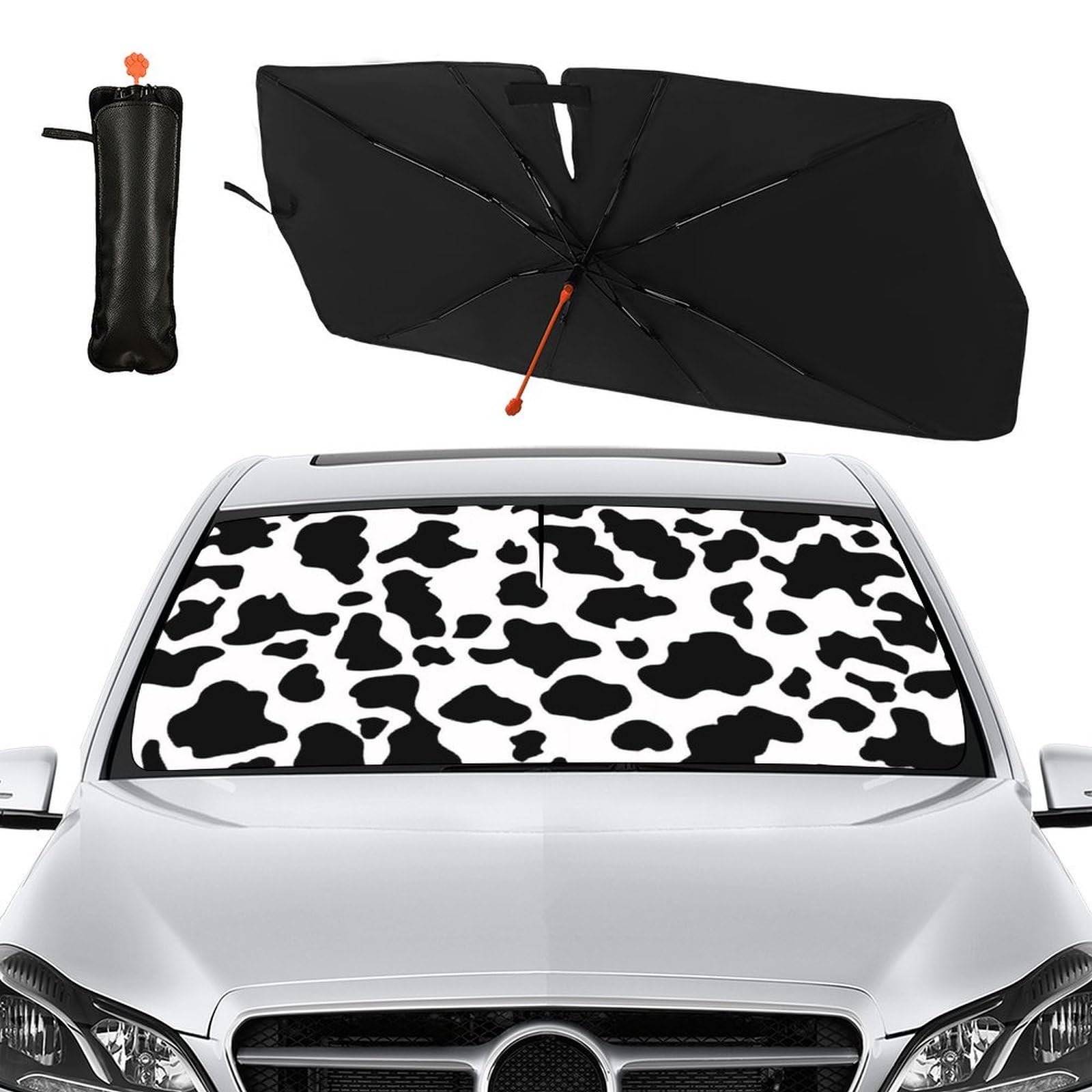 Socira cow print on parked car in driveway, stylish protection and shade