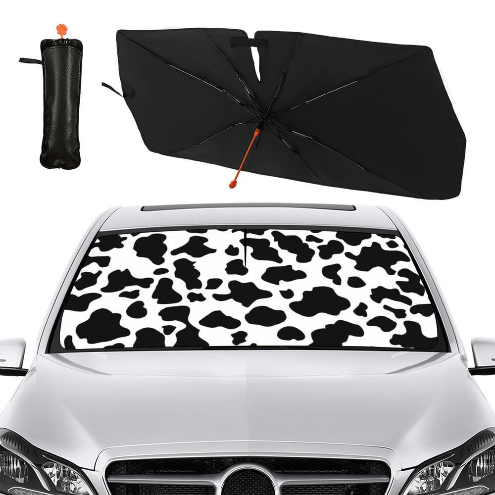 Socira cow print on parked car in driveway, stylish protection and shade
