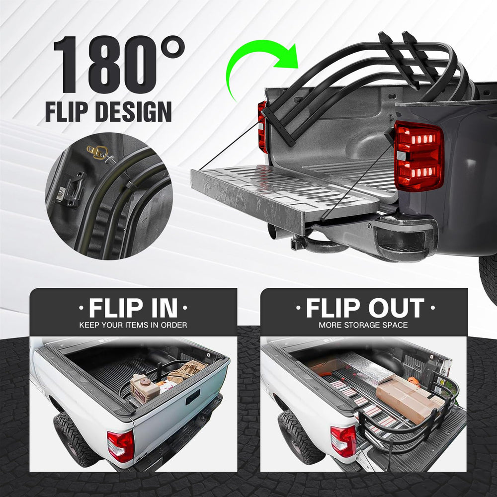 SOENBOO extender flipped to tailgate with long load showing increased hauling space benefit
