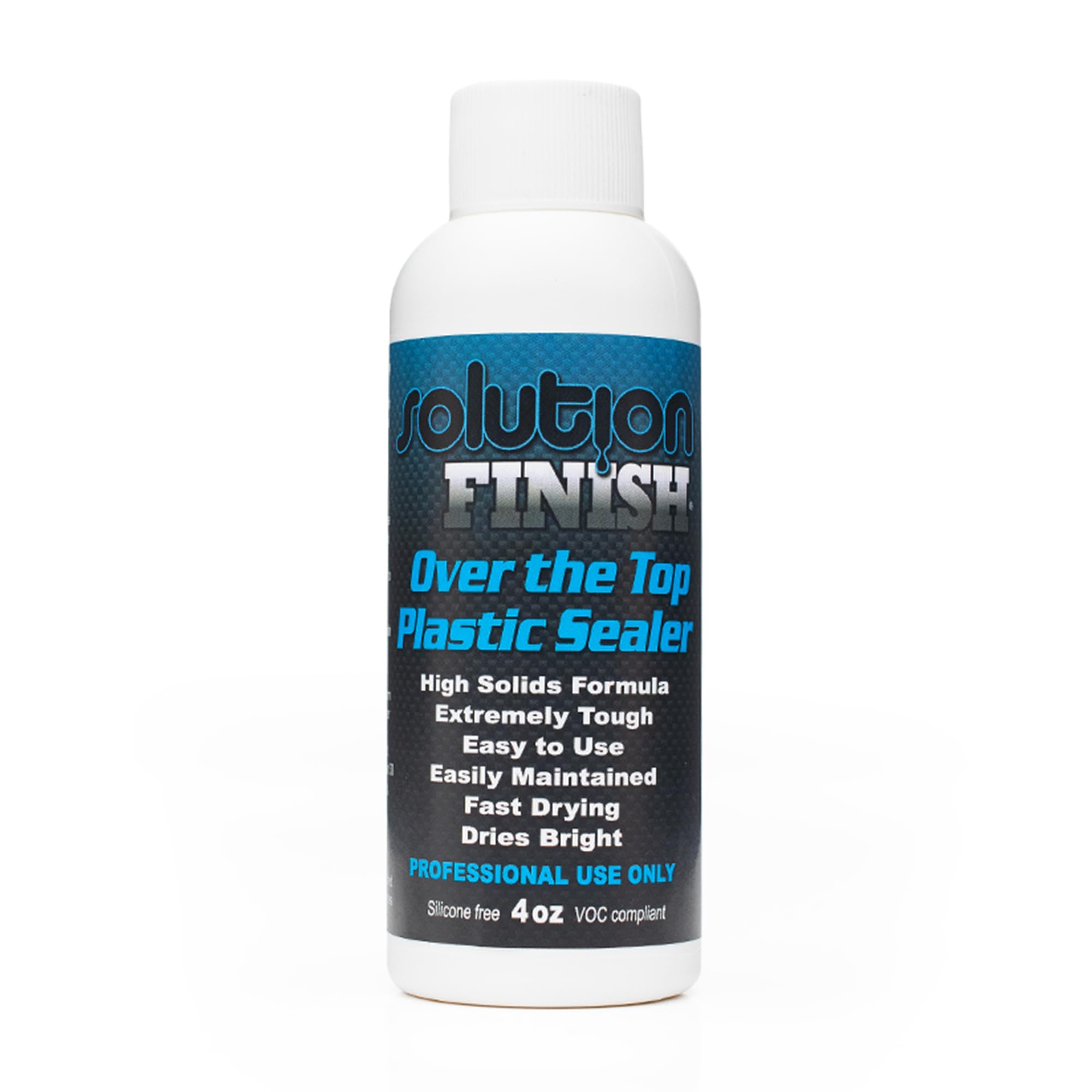 Solution Finish front bottle showing clear label and compact 4oz size, useful for easy storage