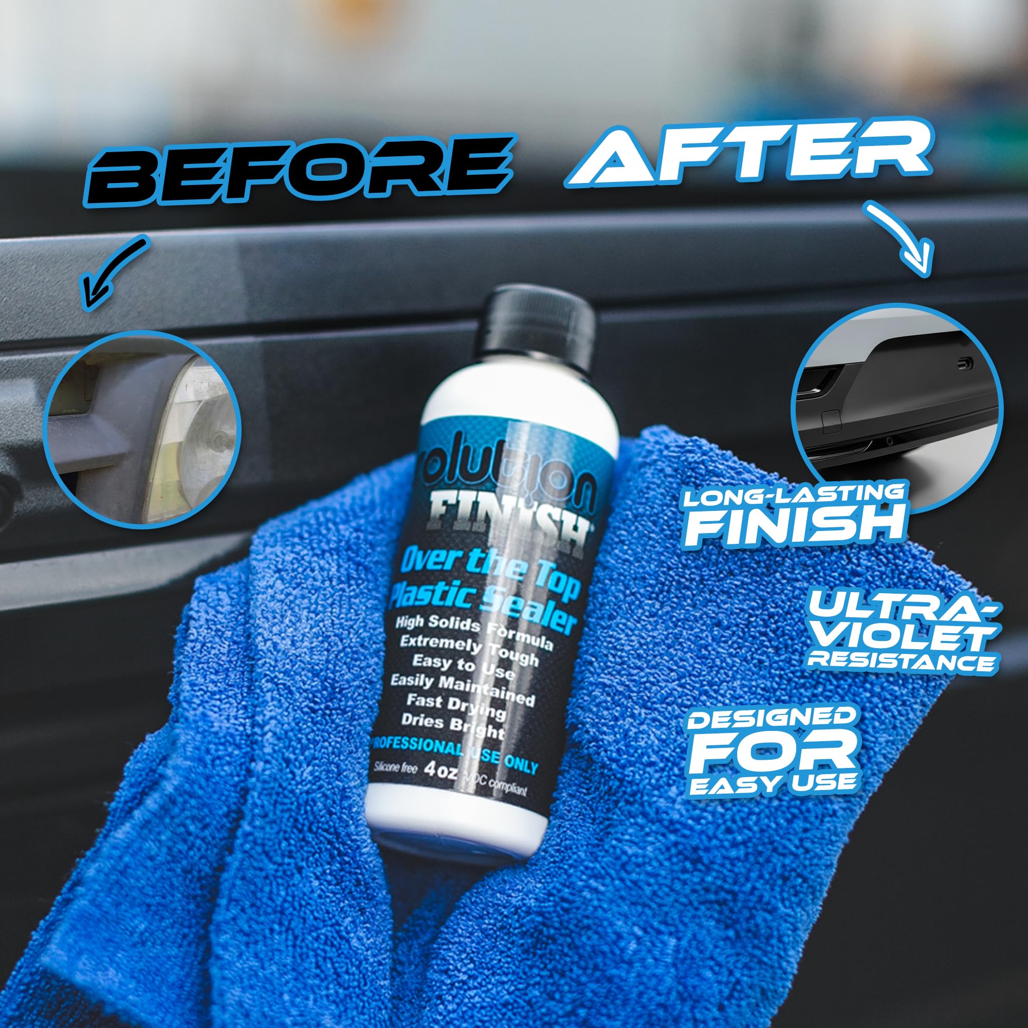 Solution Finish label detail showing formulation and VOC-compliant claim, aiding buyer confidence