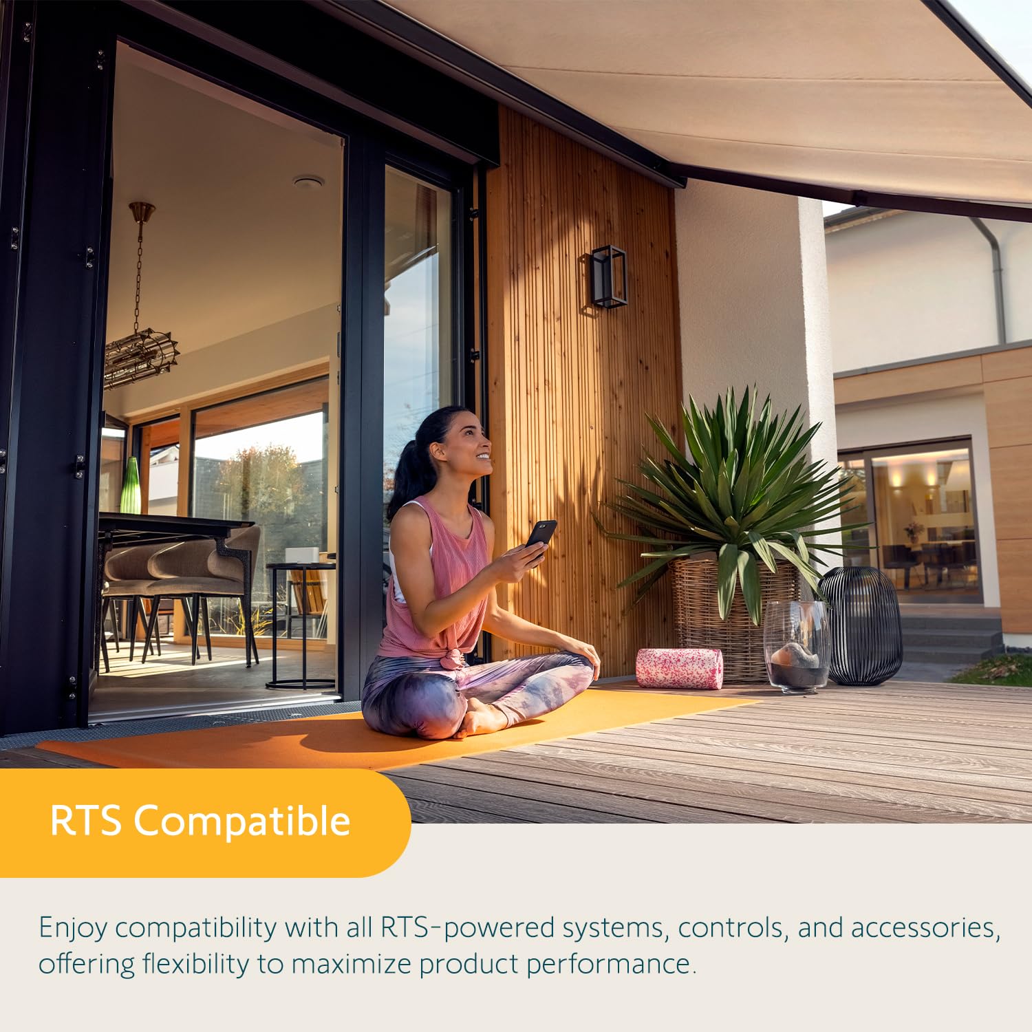 somfy Eolis 3D on a patio awning showing automatic wind retraction for fabric protection