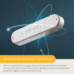 somfy Eolis 3D mounted on awning arm demonstrating wireless protection and quick installation