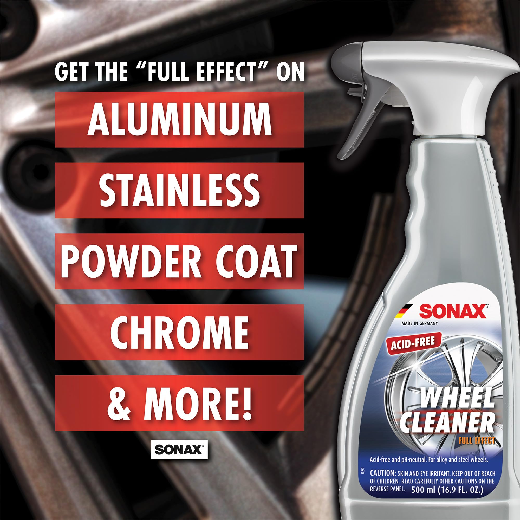SONAX color-change reaction closeup showing magenta activation and visible cleaning progress