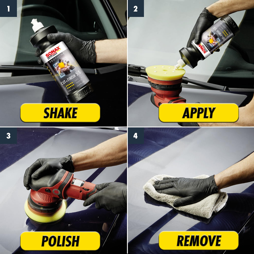 SONAX applied with polisher in action demonstrating fast defect removal