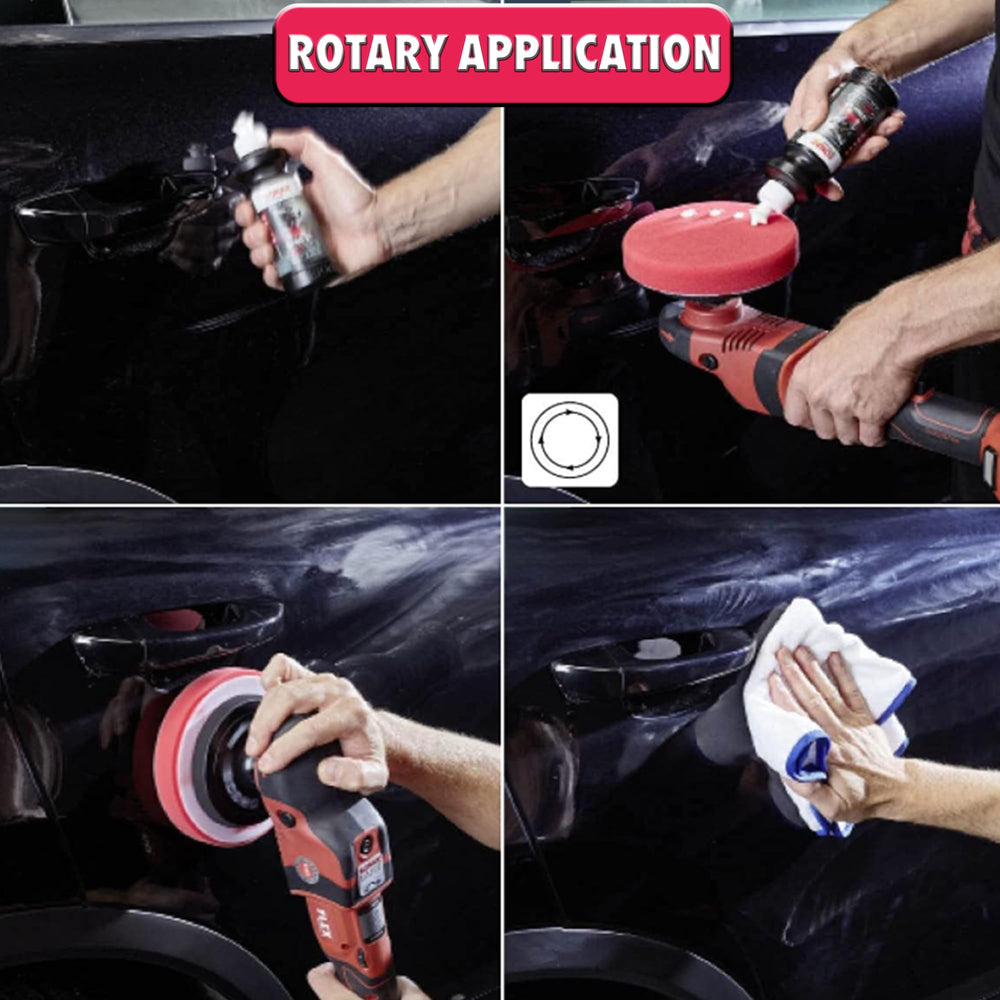 SONAX CutMax before and after paint panel illustrating visible defect removal
