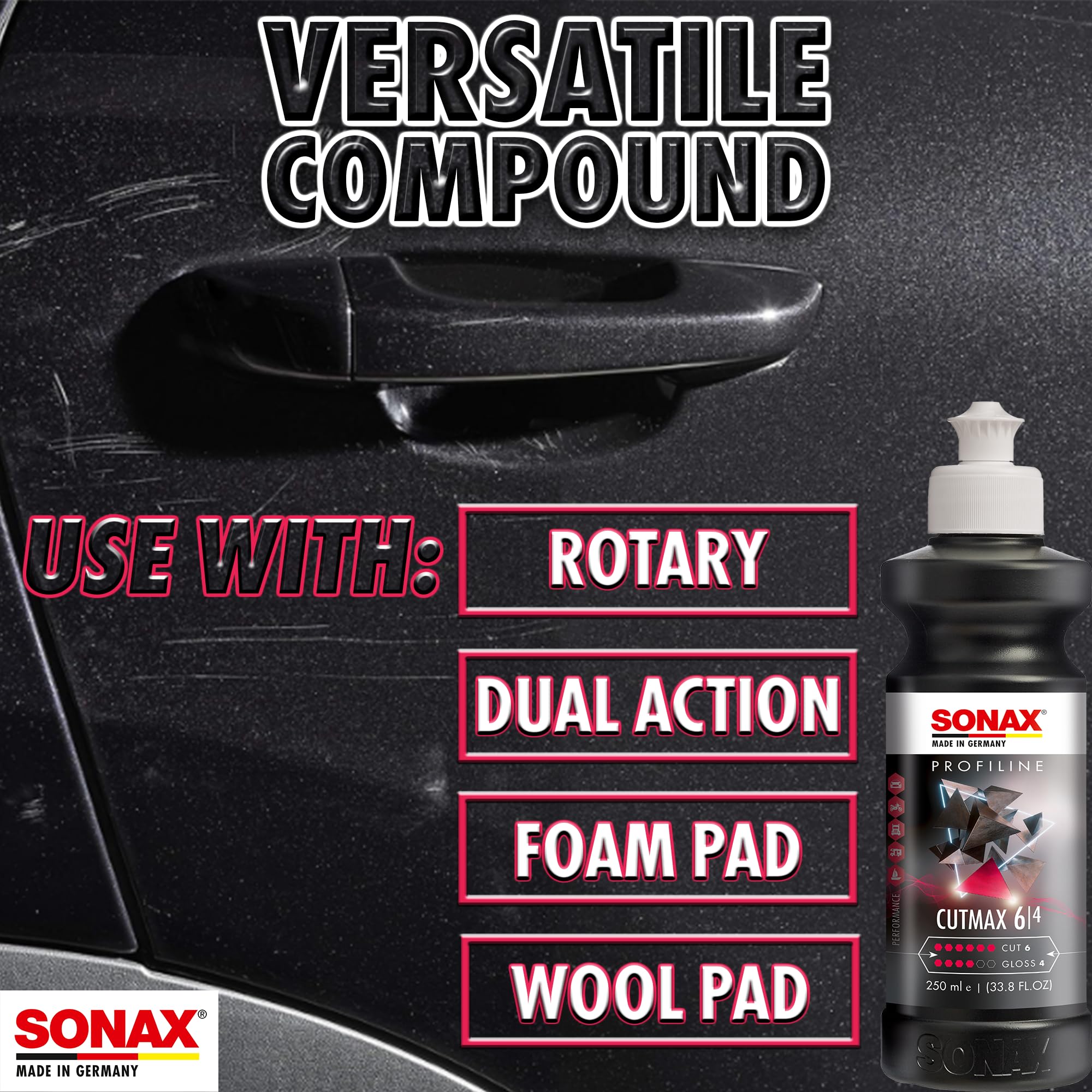 SONAX CutMax label close-up showing water-based, silicone-free formulation