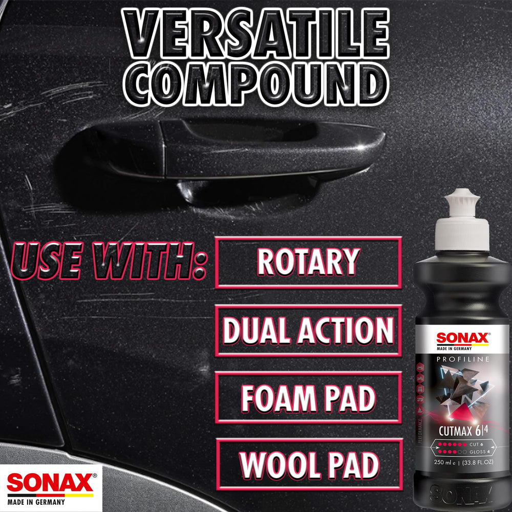 SONAX CutMax label close-up showing water-based, silicone-free formulation