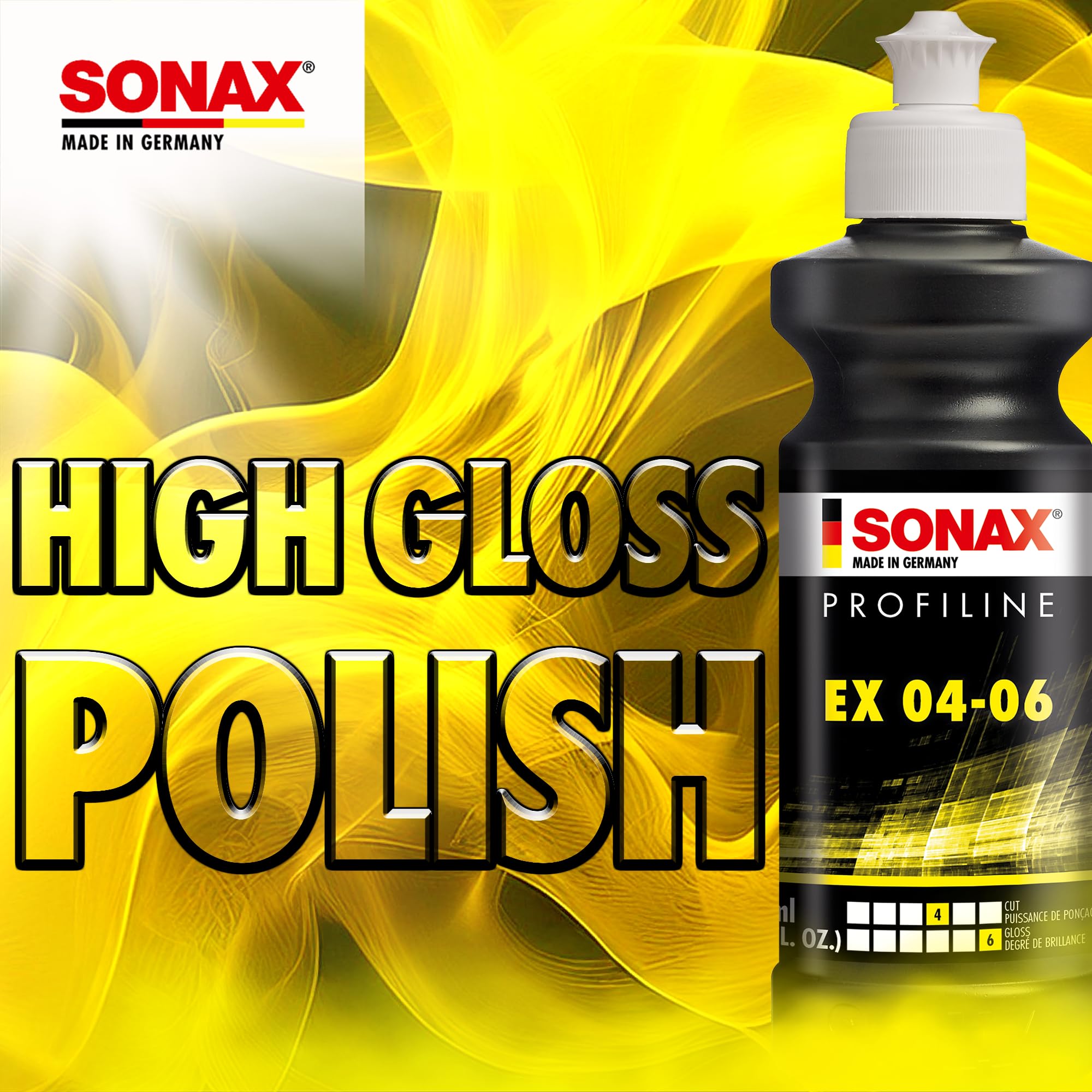 SONAX EX 04-06 bottle lineup showing 250ml, 1L and 5L size options