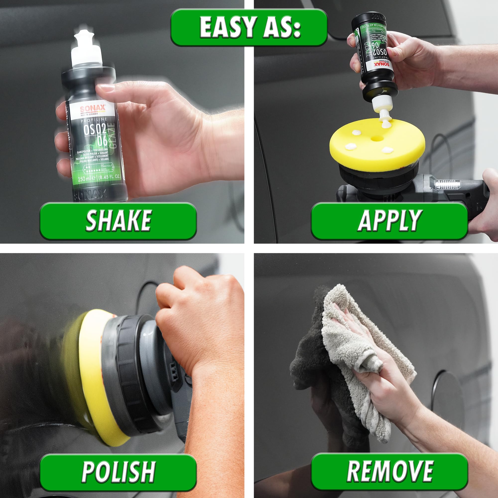 SONAX before-and-after car panel comparison with improved gloss