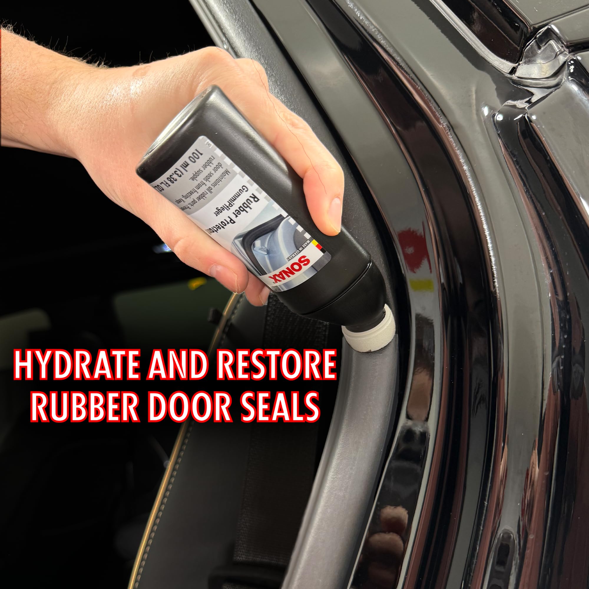 SONAX GummiPfleger used on trunk seal in winter scene protecting seals from freezing