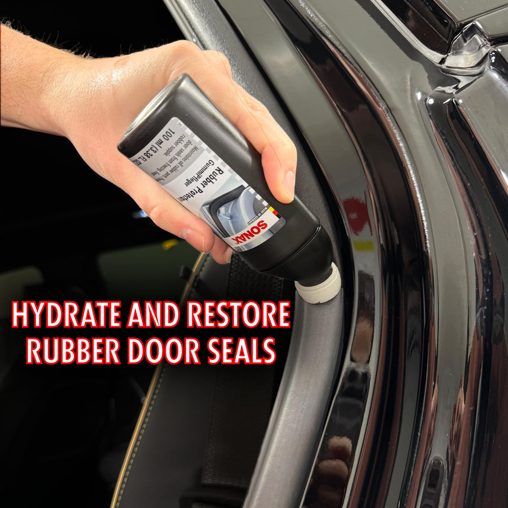 SONAX GummiPfleger used on trunk seal in winter scene protecting seals from freezing