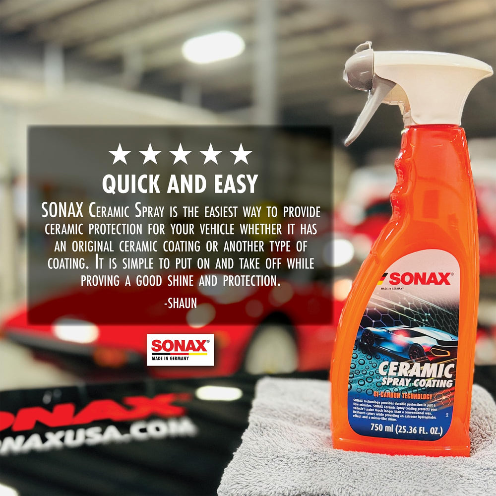 SONAX bottle beside microfiber cloth showing the practical kit for at-home detailing
