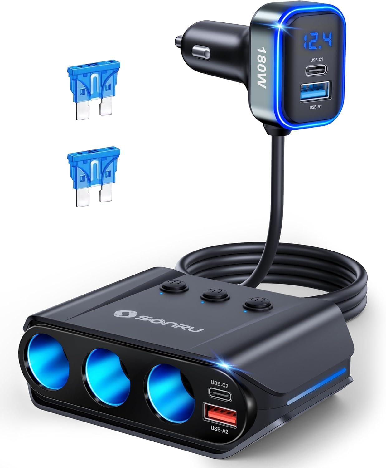 SONRU front view showing three lighter sockets and four USB ports for versatile charging