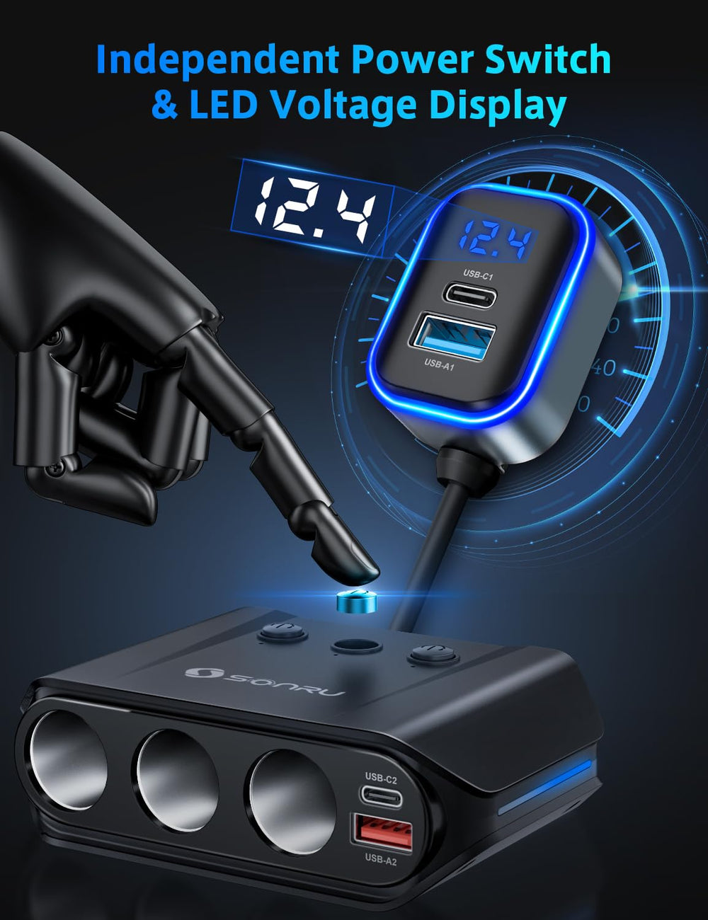 SONRU powering phone, tablet, dashcam and fridge in a car for simultaneous use