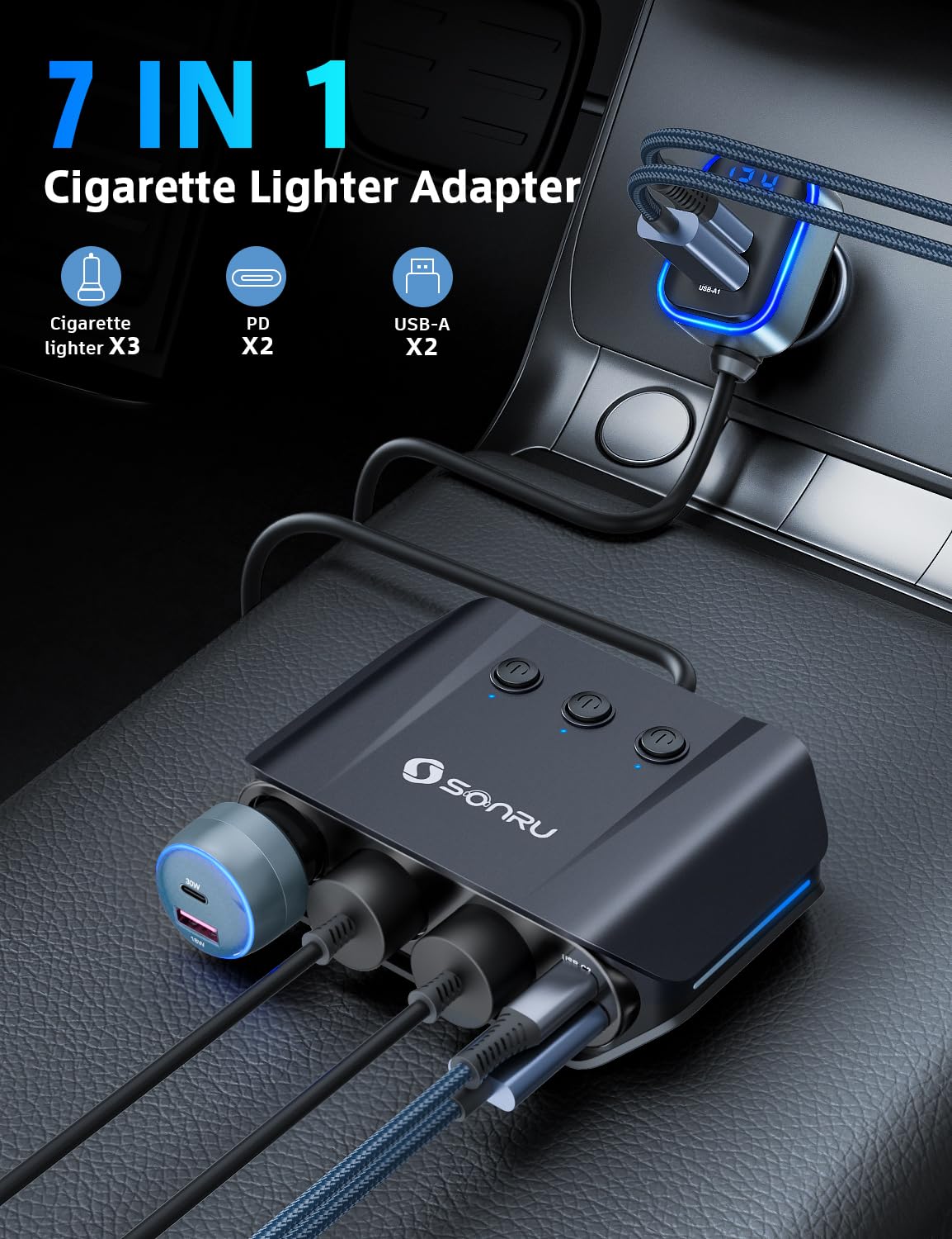 SONRU close-up of USB‑C and USB‑A ports highlighting fast PD and QC charging
