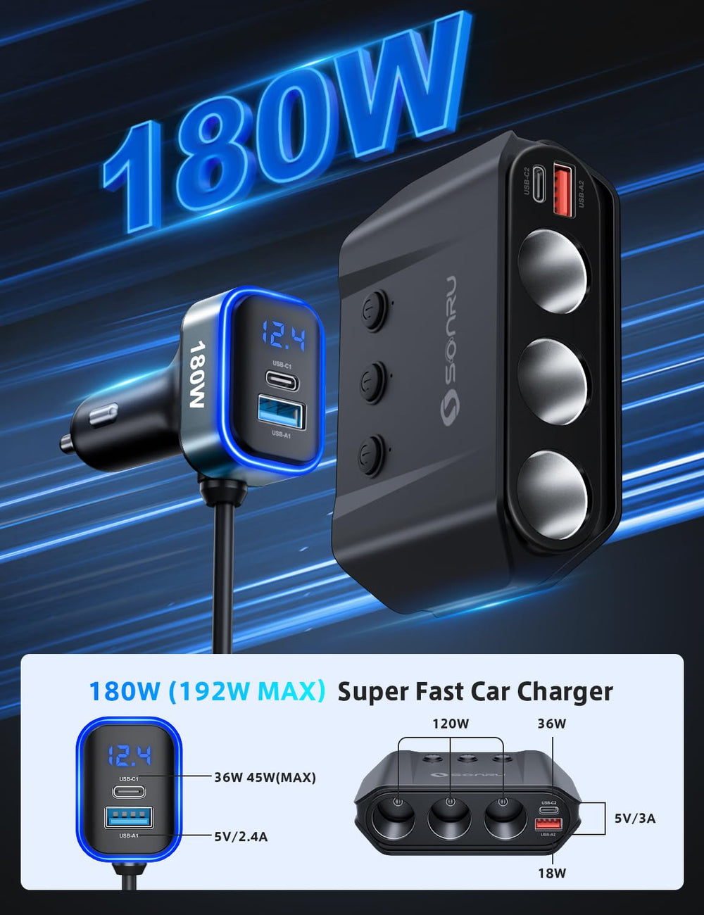 SONRU switches and LED voltage display showing easy control and battery monitoring