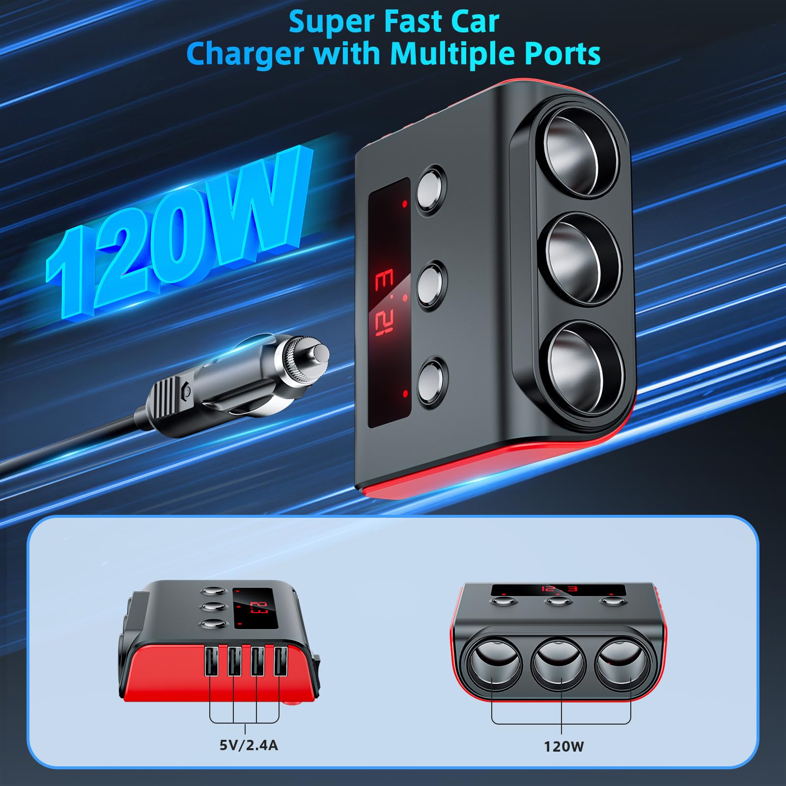 SONRU three cigarette sockets detail with independent switches for controlled device power