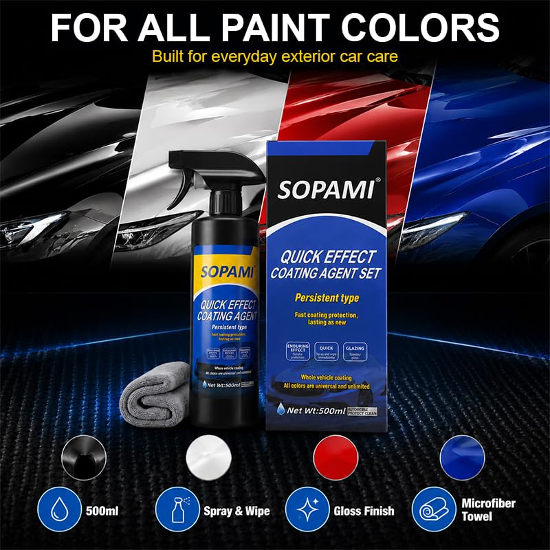 SOPAMI next to microfiber towel and applicator indicating quick buffing benefit