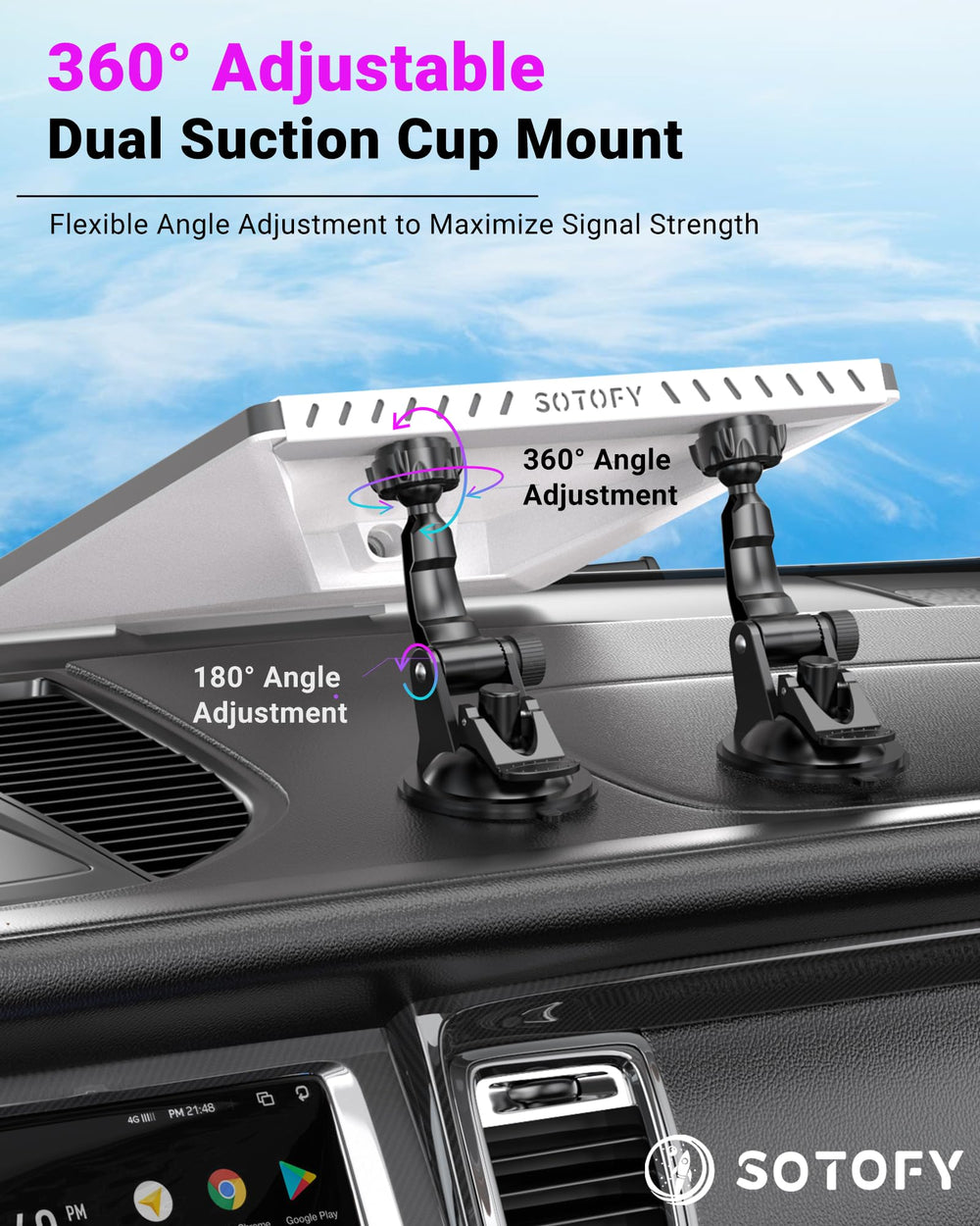 SOTOFY dual suction cups close-up illustrating reinforced grip and road stability